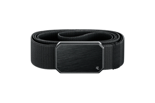 A black belt with a solid black buckle in the front