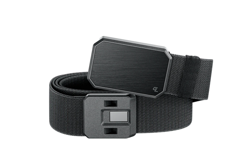 A black belt with a solid black buckle in the front