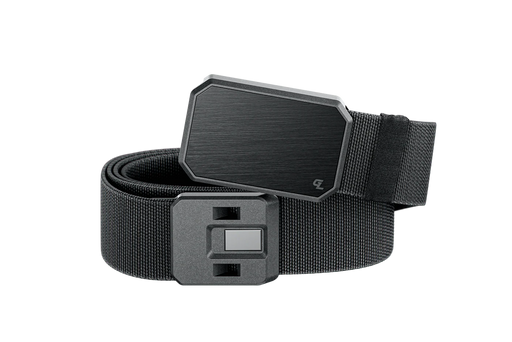 A black belt with a solid black buckle in the front