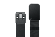 A black belt with a solid black buckle unbuckled