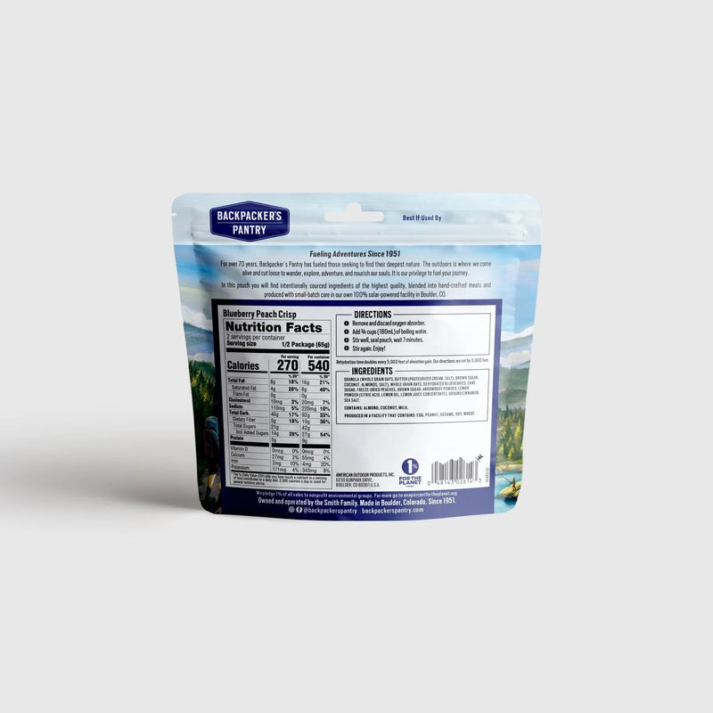 Back side of a bag of blueberry peach crisp showcasing the ingredients and nutrition facts against a white background. 