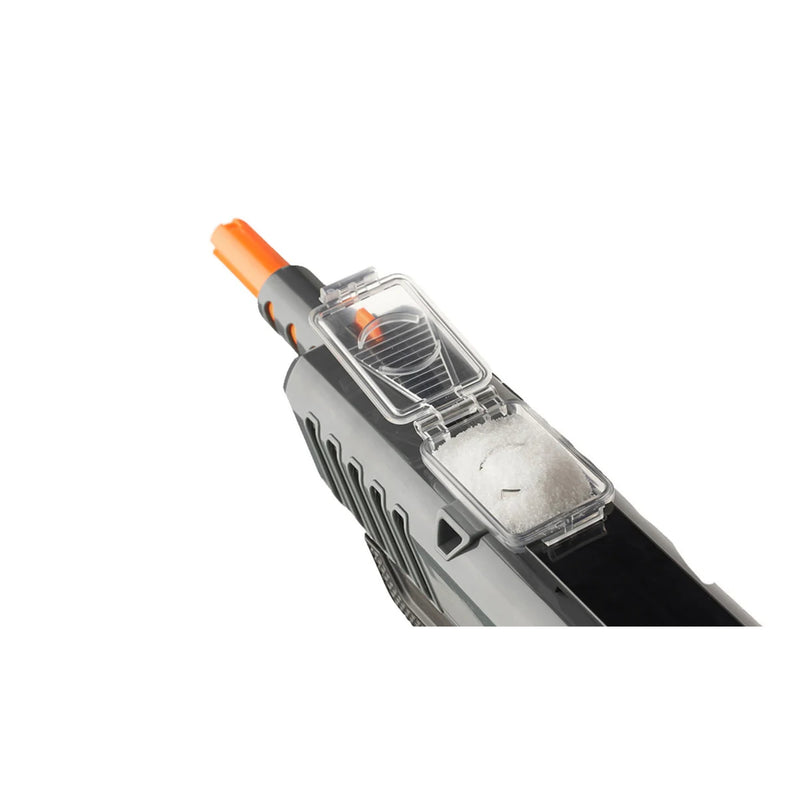 A close-up of a Bug-a-Salt 3.0 Black Fly edition featuring a hopper full of salt, an orange tip, and a dark gray body on a plain white background.