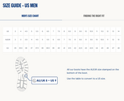 Men's size chart for shoes with conversion from US, AU, and UK sizes.