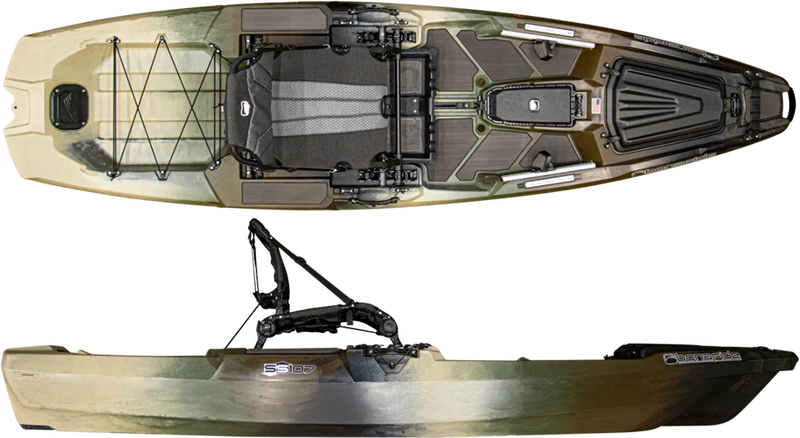 Top and side views of a green, tan, and black fishing kayak on a white background.