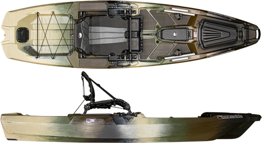 Top and side views of a green, tan, and black fishing kayak on a white background.