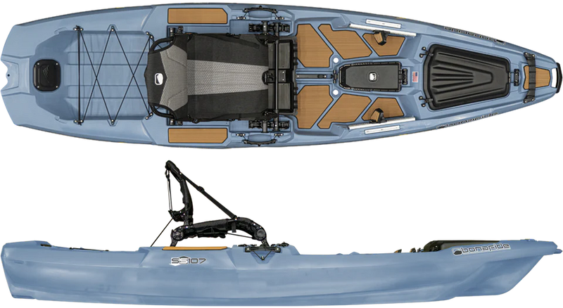 Top and side views of a light blue and brown fishing kayak on a white background.