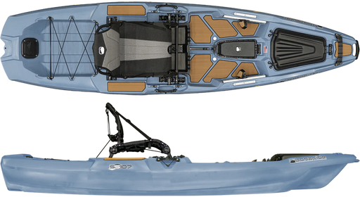 Top and side views of a light blue and brown fishing kayak on a white background.