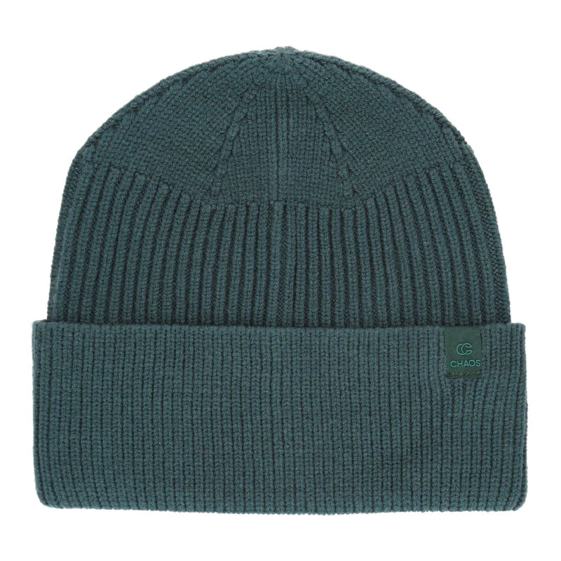 Dark green knit beanie against a white background. 