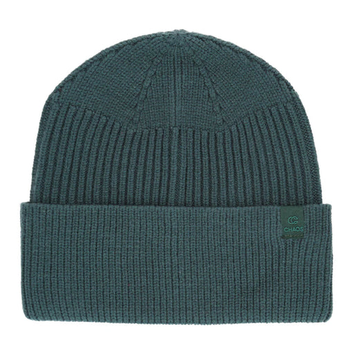 Dark green knit beanie against a white background. 
