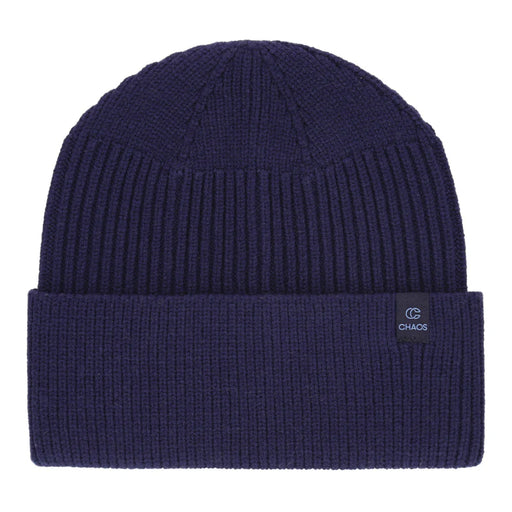 Navy blue knit beanie against a white background. 