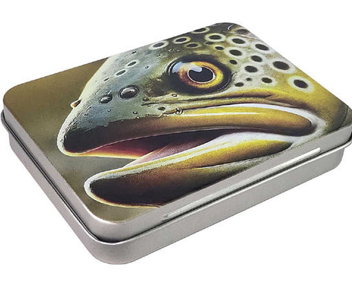 Small tin fly box with a brown trout photorealistic graphic on the lid