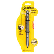 A 3-in-1 emergency pen tool in a silver metallic finish, packaged on a bright yellow blister card labeled 'Window Breaker', 'Seat Belt Cutter', and 'pen'