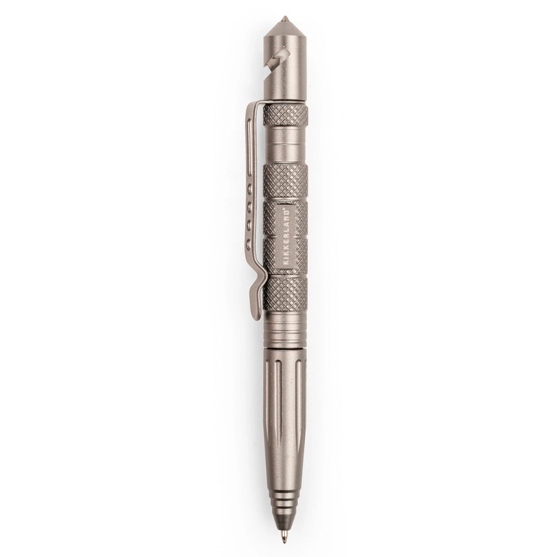 Metallic pen with tactical design on a white background