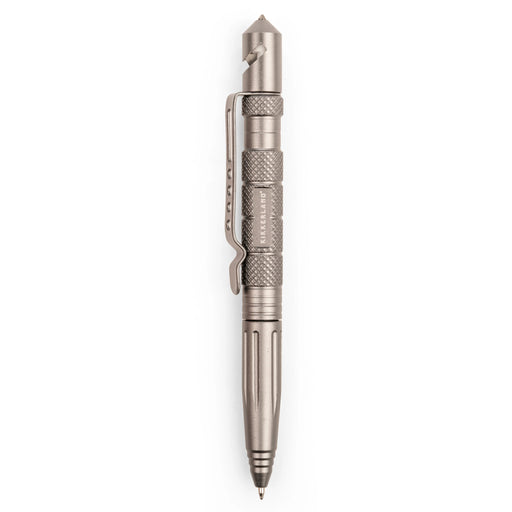 Metallic pen with tactical design on a white background