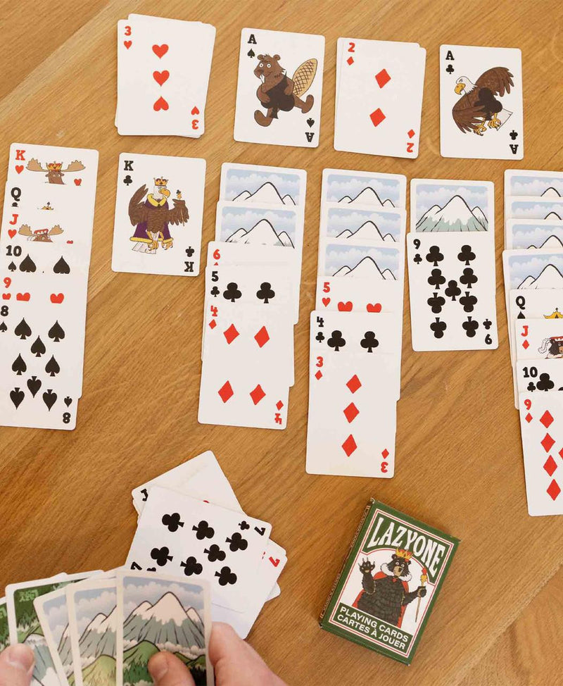 Deck of cards with cartoonish prints of wildlife and nature on them. 