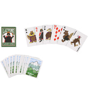 Deck of playing cards with cartoonish wildlife prints on them against a white background. 
