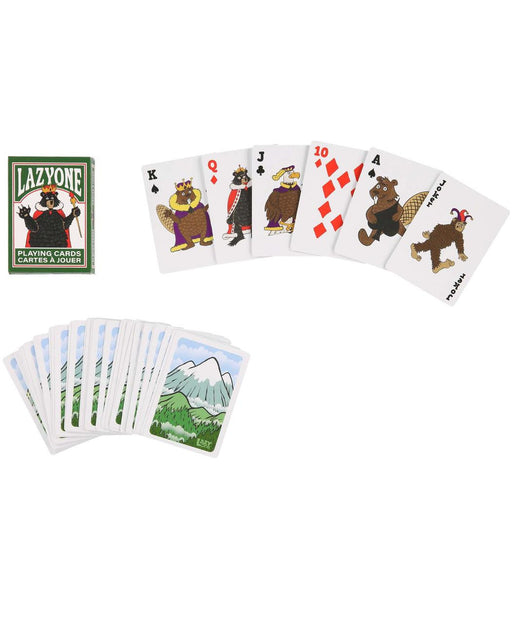 Deck of playing cards with cartoonish wildlife prints on them against a white background. 