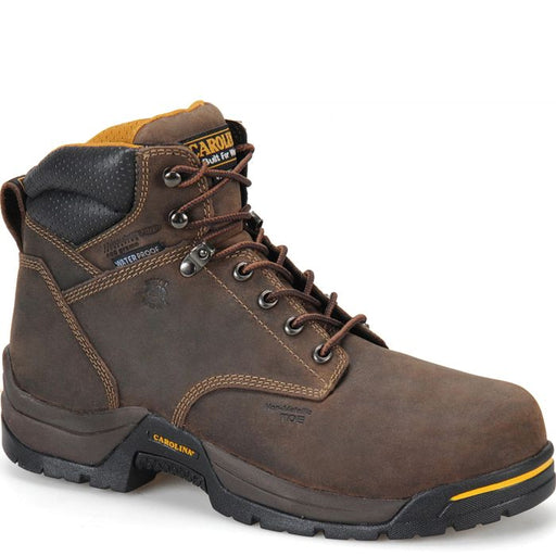 A brown Carolina work boot with dark gray textured panels, brown laces, and a black sole with a yellow accent line, shown on a white background.