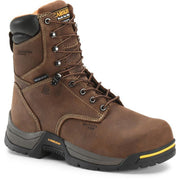 A brown Carolina work boot with black and yellow sole and black collar, with gunmetal grey eyelets and lace hooks, on a white background. Carolina brand tag is visible on the tongue, and discreet stamps on the leather indicate a non-metallic toe, "Built 4 Work" and Thinsulate insulation. A small tag on a seam indicates that the boots are waterproof.