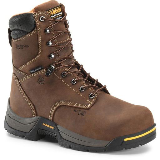 A brown Carolina work boot with black and yellow sole and black collar, with gunmetal grey eyelets and lace hooks, on a white background. Carolina brand tag is visible on the tongue, and discreet stamps on the leather indicate a non-metallic toe, "Built 4 Work" and Thinsulate insulation. A small tag on a seam indicates that the boots are waterproof.