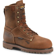 A brown work boot with brass eyelets and lace hooks shown on a white background