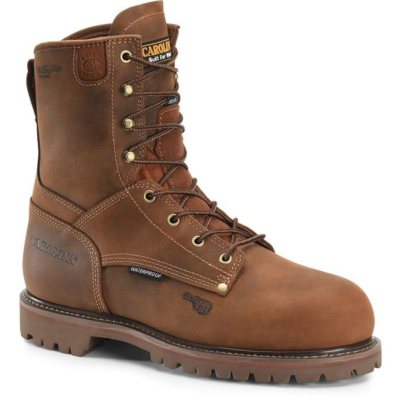 A brown work boot with brass eyelets and lace hooks shown on a white background