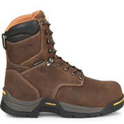 A brown Carolina work boot with black, grey, and yellow soles, orange mesh collar interior, black collar, and gunmetal eyelets and lace hooks