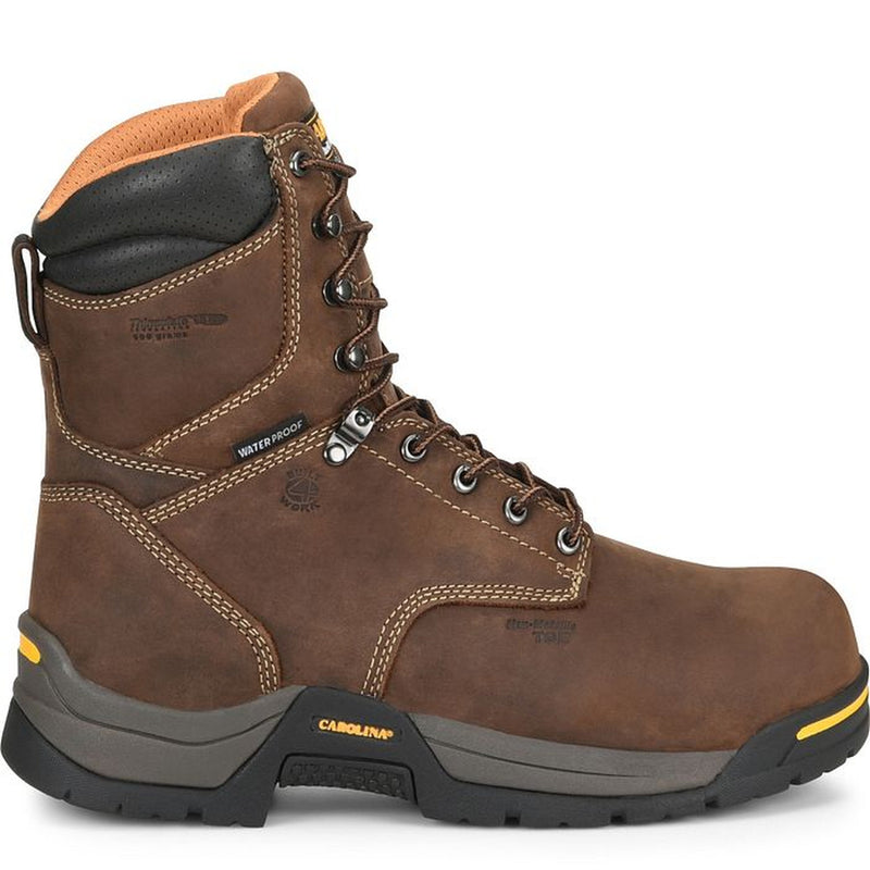 A brown Carolina work boot with black, grey, and yellow soles, orange mesh collar interior, black collar, and gunmetal eyelets and lace hooks