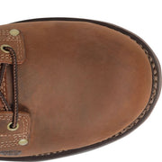 Close-up view of a brown leather work boot's rounded toe