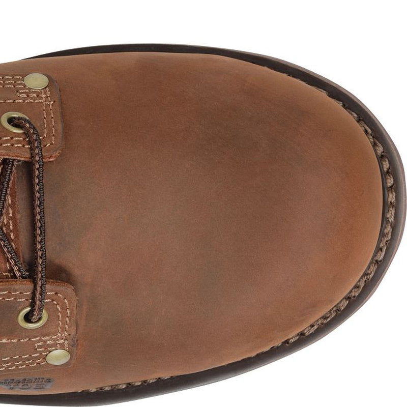Close-up view of a brown leather work boot's rounded toe