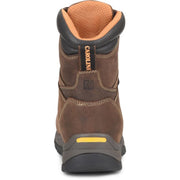 The rear view of a brown Carolina work boot with black, grey, and yellow sole, black collar, and orange mesh collar interior.