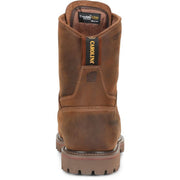 Rear view of a brown leather Carolina work boot. Visible above the back of the shaft is a tag on the interior of the tongue, denoting the Thinsulate insulation of the boot.