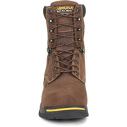 The front view of a brown Carolina work boot with black and yellow sole, and gunmetal grey eyelets and lace hooks