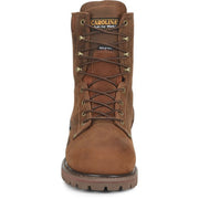 A brown leather work boot with dark brown laces, brass eyelets, and a rugged sole, shown from a front-facing perspective on a white background. The tongue features the Carolina brand logo.