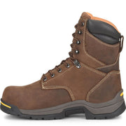 Brown work boot with a yellow sole on a white background
