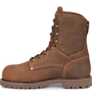 The inner side of a brown Carolina work boot with brass eyelets and lace hooks, shown on a white background.
