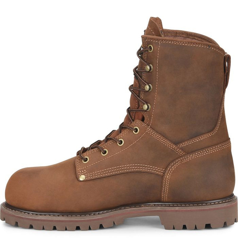 The inner side of a brown Carolina work boot with brass eyelets and lace hooks, shown on a white background.