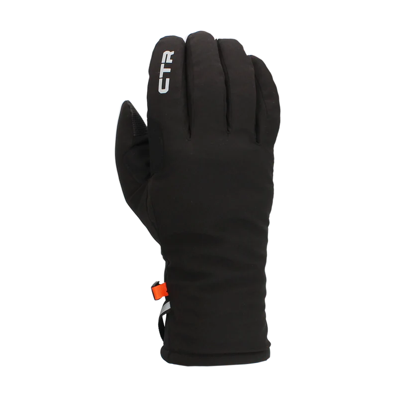 Black glove with a CTR logo against a white background. 