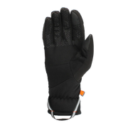 Front facing view of a black glove against a white background. 