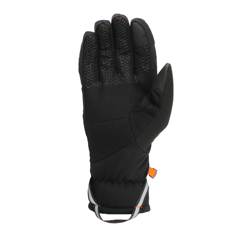 Front facing view of a black glove against a white background. 