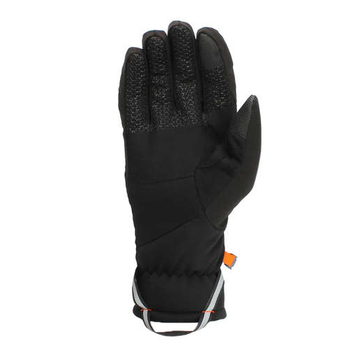 Front facing view of a black glove against a white background. 