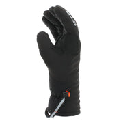 Side view of a black mitten against a white background. 