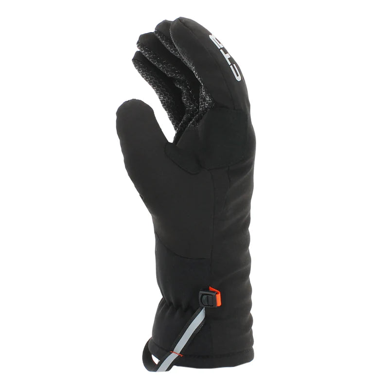Side view of a black mitten against a white background. 