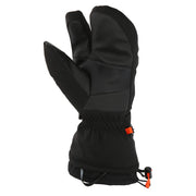 Black mitten with orange accent against a white background. 