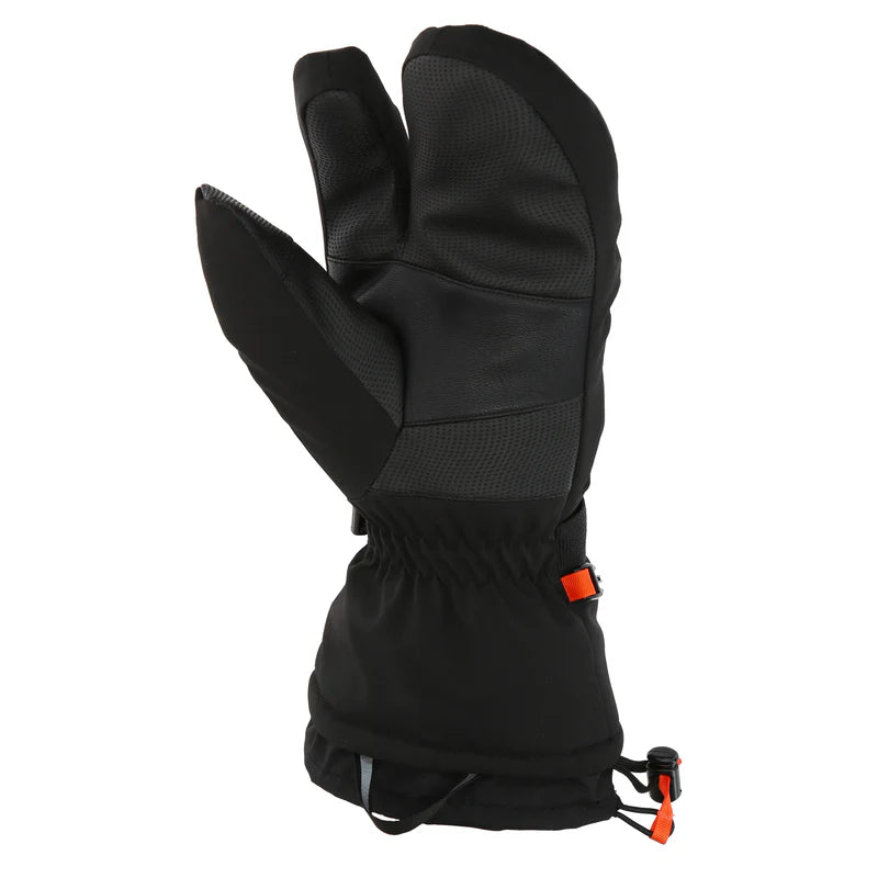 Black mitten with orange accent against a white background. 