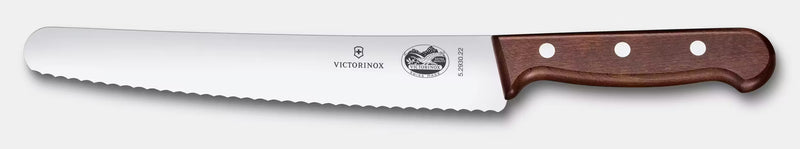 8.5" bread knife with a wooden handle and a Victorinox logo on the side against a white background.
