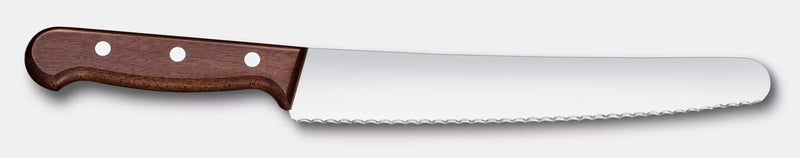 8.5" bread knife with a wooden handle against a white background. 