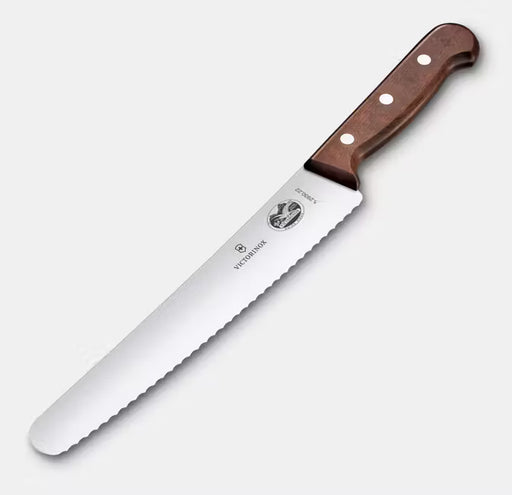 8.5" bread knife with a wooden handle and a Victorinox logo against a white background. 