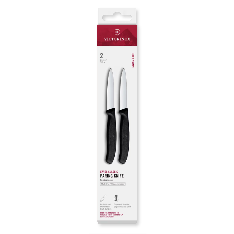 Two paring knives in a Victorinox packaging on a white background