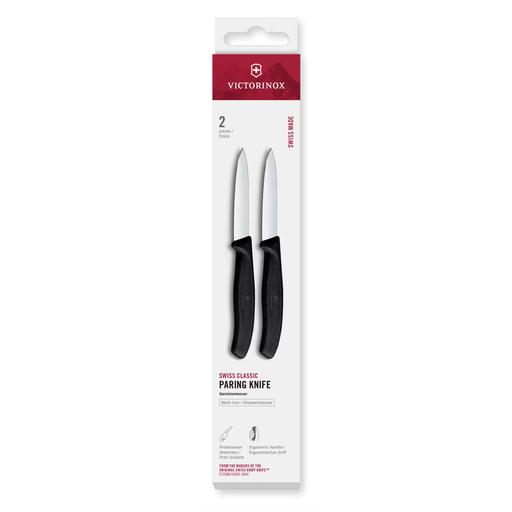 Two paring knives in a Victorinox packaging on a white background